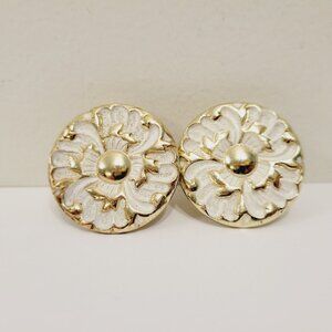 2 Vtg 70's White Shiny JB Brass Gold Floral Round Drawer Knobs Handles Pulls